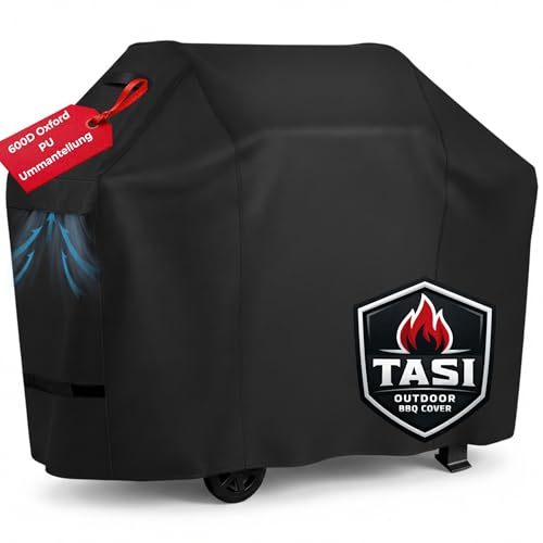 TaSi Grillabdeckung Wetterfest 600D Oxford Gasgrill Abdeckung 132x65x110 cm Wasserdicht UV-Schutz Abdeckhaube für Weber Spirit E-310 E-320, Enders Chicago Boston, Napoleon Rogue 425 Griffe & Kordelzug