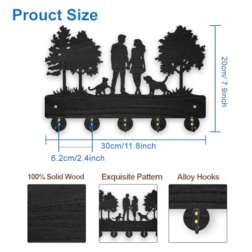 MAYJOYDIY Wood Key Holder for Wall 30x20cm, Family Tree Design with Cat Dog Pattern, 5 Alloy Hooks, Black, Wall Mount - Image 2