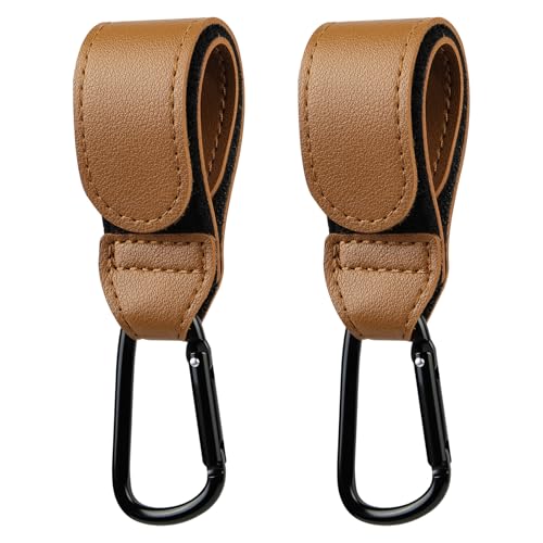 URAQT Ganci Passeggino, 2 Pezzi marrone Ganci per Passeggino Gancio per borsa della spesa, Gancio Passegginos Universale Sicuri Resistenti, Passegginos Accessori in Pelle, Antiscivol, Fino a 5 kg