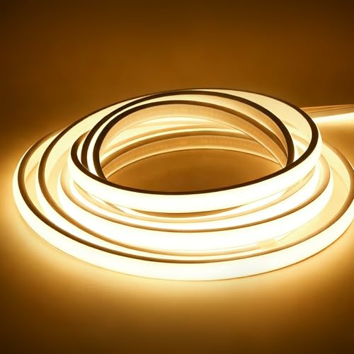 Hmuaog Ruban LED COB 220V, Bandeau LED Cuisine Haute Densité 15W/m, Etanche IP67 Lumière Linéaire Uniforme sans Points, Bande Lumineuse pour Exterieur, Jardin, Corniche, Prise UE (Blanc Chaud, 5 m)