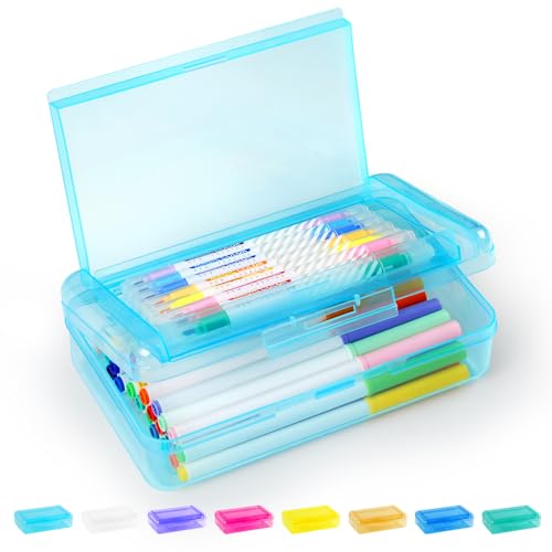 Sooez Double Layer Pencil Box, Large Hard Pencil Case Organizer, Clear Plastic Crayon Box for Girls and Boys, Colored Marker Organizer, Small Plastic Containers/Bins with Lids, Art Supply Storage