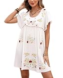 Mexican Embroidered Dress for Women Mini Boho Dresses Hippie Floral Ethnic Vintage Embroidery Traditional Drape Tunic Dress White
