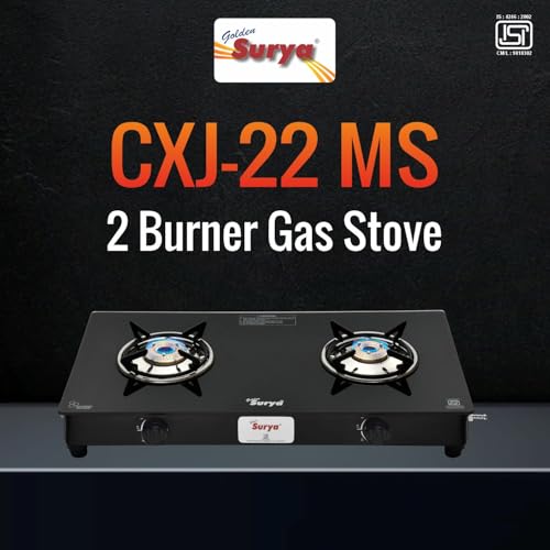 Image of Golden Surya 2 Burner PNG Gas Stove | Toughened Glass Top | Brass Burners | Manual Ignition | ISI Certified | Piped Natural Gas Compatible | 18 Months Warranty