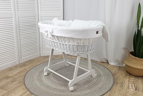 Generic Moseskorb weiß mit Gestell, Matratze und Bettwäsche, Stubenwagen...