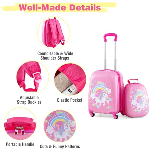 GYMAX 2Pc Kids Luggage Set, 12" & 16" Children Hand Trolley Case with 4 Spinner Wheels, Carry On Suitcase for Boys Girls Travel School (Pink) - Image 3