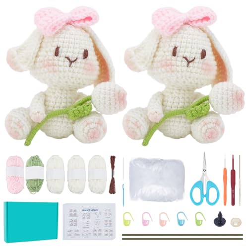 ORIGACH Crochet Kit for Beginner Adults, 2 Set Bunny with Tulip Starter Crochet Kit with Step by Step Video Tutorial, Instruction, Yarn, Hook, Accessories
