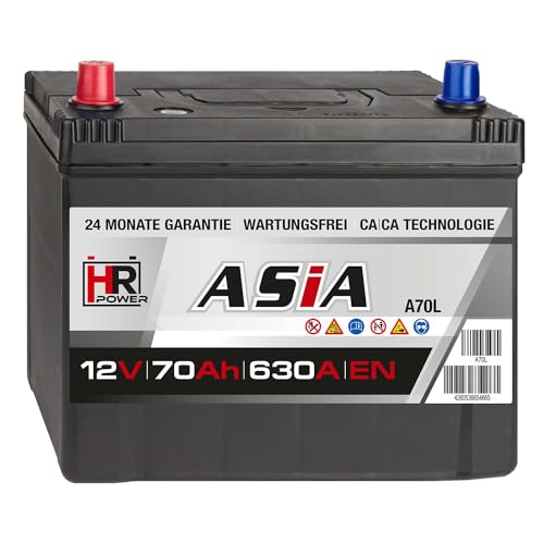 HR HiPower ASIA Autobatterie 70Ah 12V Pluspol Links 630A/EN Blei-Säure, hohe Startreserven auch bei Kälte