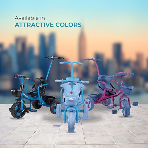 Image of ViniToys Sparx PH Baby Tricycle for Kids 1 to 5 Years with Removable Parental Control Handle, Safety Guard, Seat Belt, Footrest, Music, Storage Baskets and Wide Grip Wheels (Light Blue, Sparx PH)