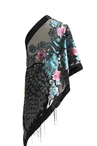 Handmade Gorgeous Black & Emerald Colors Peacock Silk Burnout Velvet Scarf Shawl Wrap #TOP1