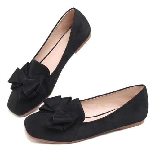 Image of WENJIAZHIZHI Square Toe Bow Ballet Slip-On | Classic Suede Finish,Chic Bow Detail,Effortless Everyday Style,Wedding Party Office,Plus Size Available