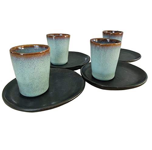 PintoCer - Juego de Tazas para Café Espresso en Ceramica de Gres sin Asa (Azul/Negro, 4)