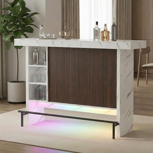 62" Modern Home Bar Table with LED Lighting, 2-Tier Cabinet