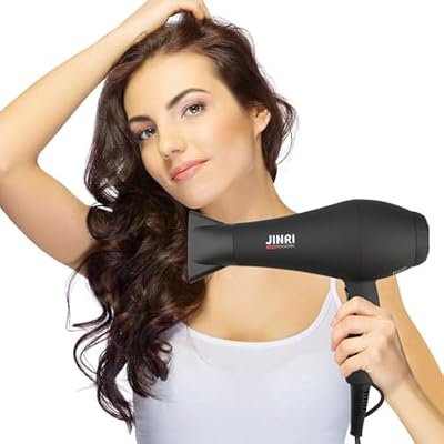 JINRI Hair Dryer, 3 Heat & 2 Speed, 1875W, with Diffuser, with Concentrator, Ionic Technology & Infrared - Black, Detachable Air Intake, Non-Foldable, Hanging Strap, 125V, JR-104
