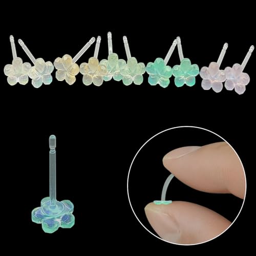 DaKuan 5 Pairs Coloured Earrings, 5 Colours Plastic, Sensitive Ears, Clear, Soft Rubber Back2