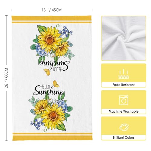 Image of Summer Hello Sunshine Sunflower Kitchen Towels, Yellow Flowers Dish Towels Set of 2, Spring Home Sweet 18 x 26 Inch Hand Towel Quick Drying Dishcloth Decor for Kitchen Bathroom Home