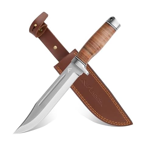 FLISSA 12-Inch Bowie Knife, Full-Tang Fixed Blade Knife with Leather Sheath, Leather Handle, 7CR17MOV Steel Sharp Blade and Lanyard Hole, Fixed Blade Hunting Knife for Camping, Hiking, Survival Cover