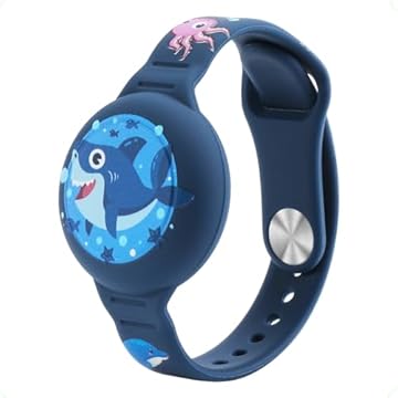 Pulseira Infantil Compatível com Airtag Apple Rastreador GPS de Silicone À Prova D'água Impermeável Ajustável para Criança com Desenhos (Azul - TUBARÃO)