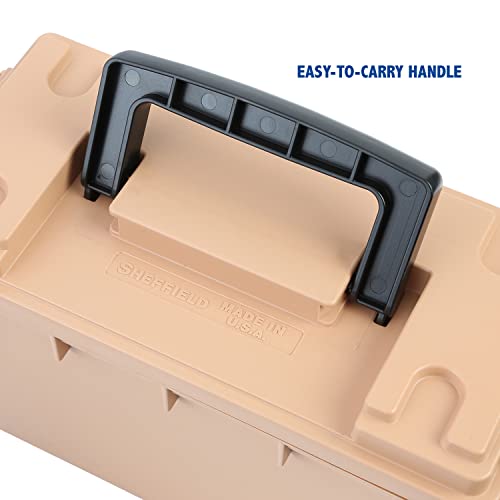 Image of Sheffield 12627 Ammo Storage Box, Stackable .30 Cal Field Boxes, Water and Dust Resistant, Lockable Storage Box with Handle, Secures Hunting Gear, Supplies, and Bullets, Made in USA, Tan, (Pack of 6)
