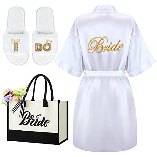 Berlune 3 Pcs Bride to Be Gift Sets Bridal Shower Gift Bride Robes Slippers Tote Bag for Bachelorette Wedding Party