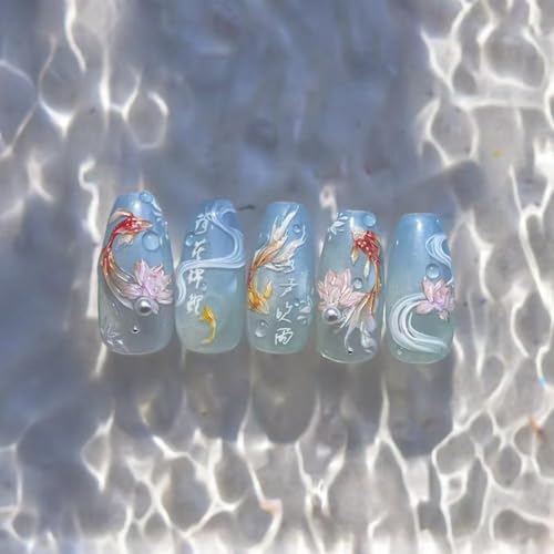 Image of 5D Embossed Goldfish Nail Art Stickers Lotus Flower Nail Decals Chinese Style Design Koi Fish Nail Stickers for Women Girls Kid DIY Manicure Supplies Charm Decorations Accessories