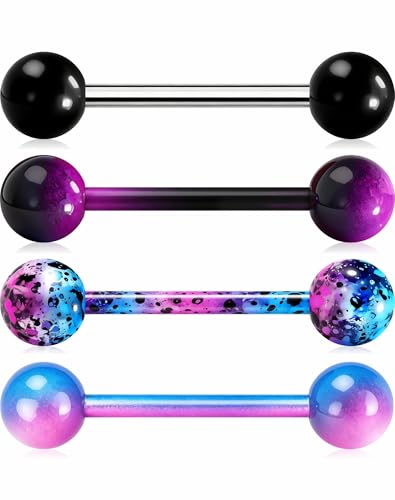 OUFER 4PCS 14G Tongue Rings Barbell Set – Stainless Steel Tongue Piercing Jewelry with Purple Black Splatter & Solid Color Balls, Hypoallergenic Body Jewelry for Women Men Daily Wear