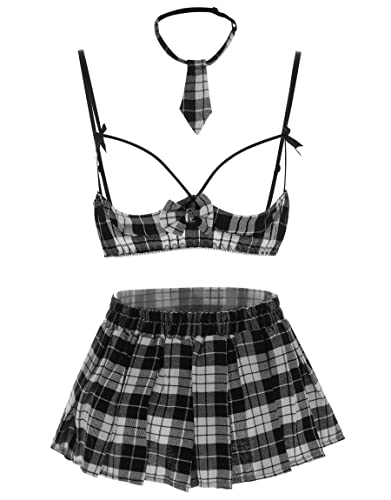 MEOWCOS.COM Conjunto de lencería para mujer con patrones de cuadros coqueta JK uniforme disfraz para diversión (talla única, negro) Cover