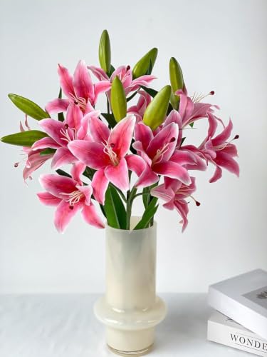 Image of CURATED CART 2 Pcs Lily Artificial Flowers Bunch for Home Decoration - Tiger Lilys Bouquet for Home Decor - Real Touch Faux Latex Short Stem - Includes 2 Lily Flowers and 1 Half Bloom Buds-Dark Pink
