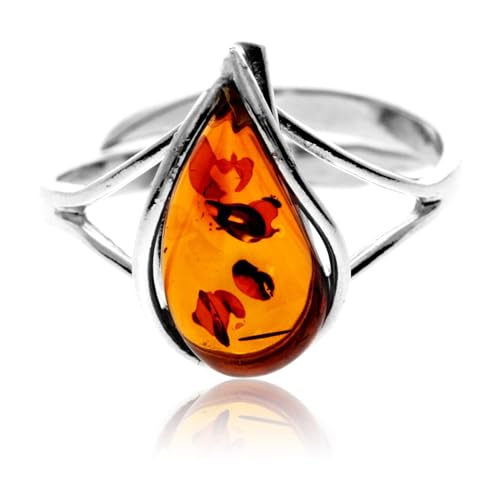 SilverAmber Jewellery Anillo ajustable de diseño moderno con ámbar báltico auténtico y plata de ley 925, G403, Adjustable, Plata de ley, Ámbar