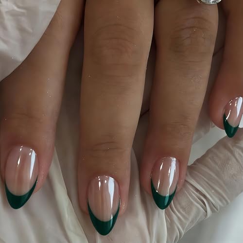 JOYVVEW Chrome Emerald Green French Tip Press on Nails Short Square, Glazed Gel Fake Nails Press ons, Reusable Sparkle Glue On Nails Design French Tip Nail with Glue for Women in 15 Sizes, 30 Pcs