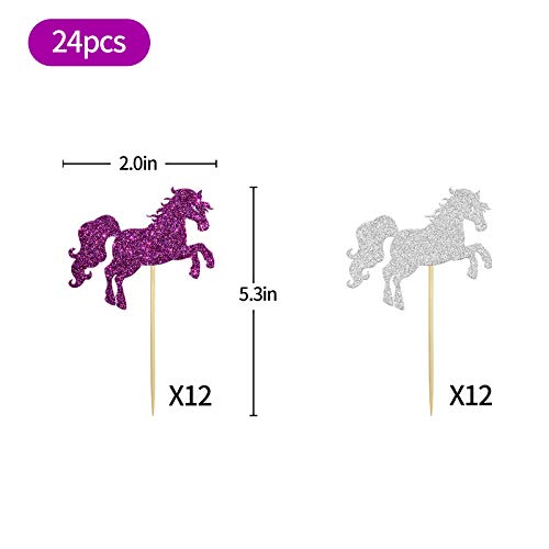 24Pcs Glitter Horse Cupcake Toppers For Baby Shower, Happy Birthday Unicorn Cake Decor, Animal Themed, Kids Birthday Party Decoration Supplies #TOP2