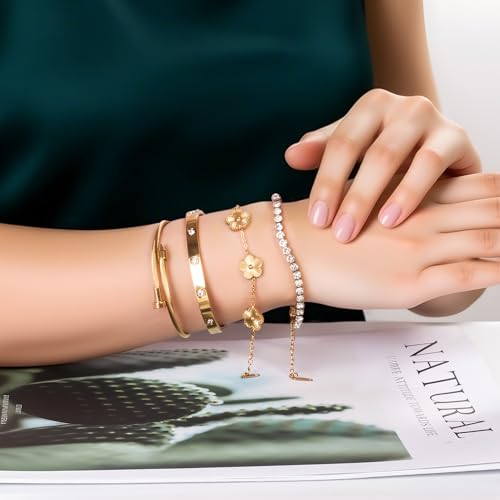 18K Gold Plated Womens Stackable Floral Gold Clover Bracelets Set Love Bangle Bracelets Non Tarnish, Gold Bracelet Set Trendy Jewelry,Gifts for Women's Day and Mother's Day4