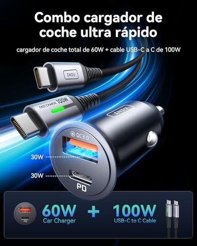INIU Cargador Coche Carga Rápida, 60W Total [USB C 30W+USB A 30W] PD & QC3.0 Car Charger+[1m] 100W Cable, USB C Cargador Mechero Coche para Movil iPhone 16 15 14 Pro MAX iPad Samsung S25 Huawei LG - imagen 2