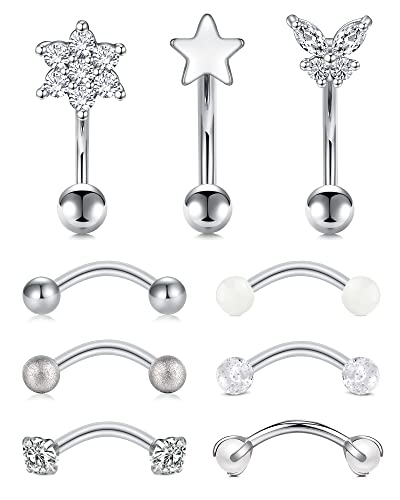 Rajnard 10Pcs Piercing Sourcils Arcade Rook 16G 8mm Acier Chirurgical Diamant Perle Coeur Étoile...