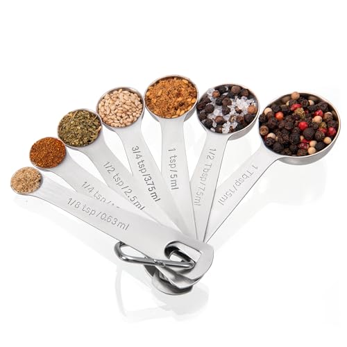 Doosu Measuring Spoons Set of 7-18/8 Stainless Steel Heavy Duty Teaspoons Tablespoons with Engraved Metric & US Measurements, Metal Measure Spoon for Dry and Liquid Ingredients, Dishwasher Safe