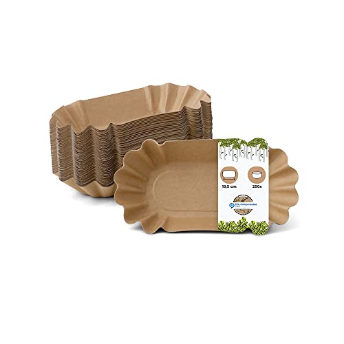 BIOZOYG Barquettes en carton ovales 19,5 x 11 x 3,2 cm I Assiette brune en carton recyclé pour frites, saucisses, etc I recyclable - écologique I barquette à frites 250 pièces