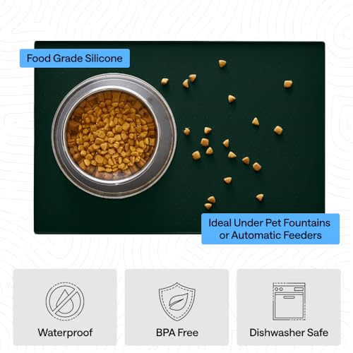 Image of GORILLA GRIP 100% Waterproof Raised Edge BPA Free Silicone Pet Feeding Mat, Dog Cat Food Mats Contain Spills Protects Floors, Placemats for Cats and Dogs Water Bowl, Pets Accessories 16x10, Green