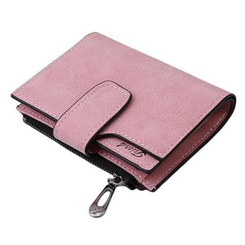 Women's Matte PU Leather Short Wallet - Compact Card Holder with Hasp Closure(Pink)