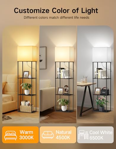 Image of OUTON Floor Lamp with Shelves, Modern Large Size Rectangle Standing Shelf Lamp with 3 Color Temperature Bulb, Storage Display Wood Column Tall Bookshelf Lamp for Living Room, Bedroom Office, Black