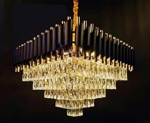 Image of TRIXY Chandeliers Lights for Ceiling Black Gold Square Crystal Pendant Light Lamp | 2 Tier, K9 Crystal 300mm Elegant Jhoomar Lamp for Living Room, Bedroom, Dining Area Home Decor Lighting Lamp