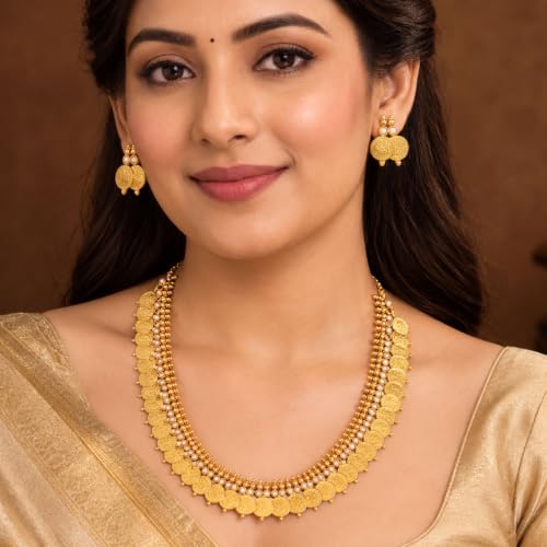 Image of ZENEME Jewellery Set Gold Plated Long Traditional Maharani Beads Studded Temple Coin Necklace Set with Earrings Jewellery For Women & Girls