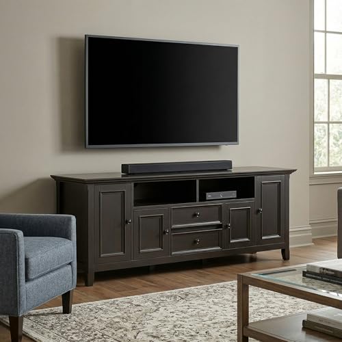 Image of SIMPLIHOME Amherst 72 inch Wide Solid Wood TV Stand in Hickory Brown
