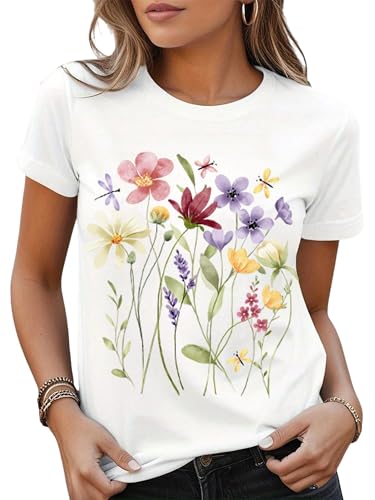 Women Floral Graphic Tee Short Sleeve T Shirts Vintage Wildflower Flowers Printed Summer Tops Tshirt