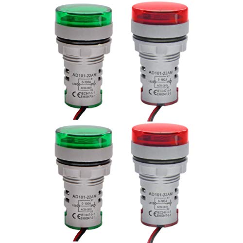 Shopcorp - Digital Led Display Indicator Ammeter, 0-100A Max Ac380 Current Meter And 220V - Gauge Meter, Tester Amp Monitor - Ad101-22Am Model, Circle Panel, 2 Red And 2 Green (4 Pack) #TOP1