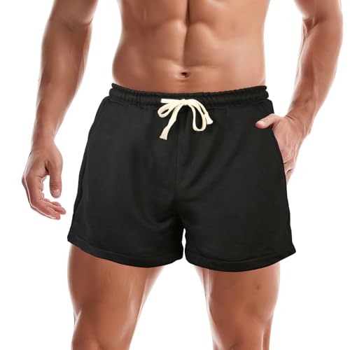 BSBUY Pantalones Cortos para Correr de 3 Pulgadas para Hombre, Pantalones Cortos para Culturismo, Pantalones Cortos Deportivos de Algodón, Pantalon Gym Hombre, L(Negro)