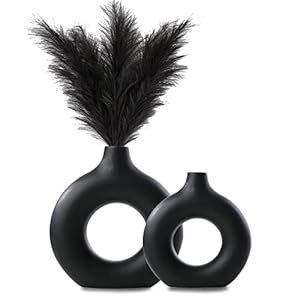 Kingbar Vase Noir Mat Céramique Moderne Vase Decoratif Vase pour Pampa en Porcelaine en Forme Rond Vases De Fleurs pour Décoration De Salon Bureau Maison Table, L+M