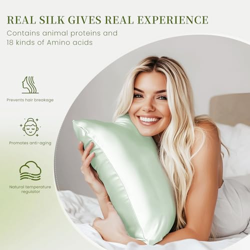Image of THXSILK Mulberry Silk Pillowcase Standard Size, Set of 2 Pillowcases, Pillow Cover with Hidden Zipper, Soft Smooth Cooling Pillowcases for Hair and Skin, Gift for Women Men, Mint Green