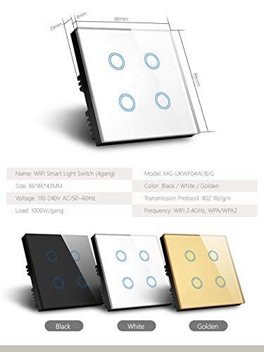 UK Standard WiFi Smart Switch 4 Gang Sprachsteuerung Wand WiFi Schalter 1000W Kristallglasscheibe 220V (Gold)