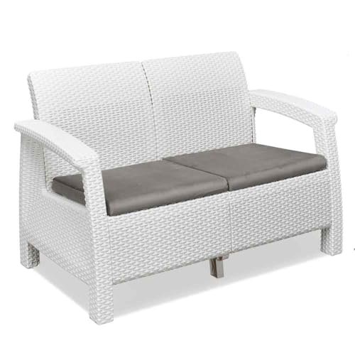 Image of Nilkamal Plastic Goa 2 Seater Balcony Sofa With Cushion | Indoor & Outdoor Furniture | Patio Chair Two Seater | Gardens Poolside Cafes Restaurants And Terraces Milky White & Grey