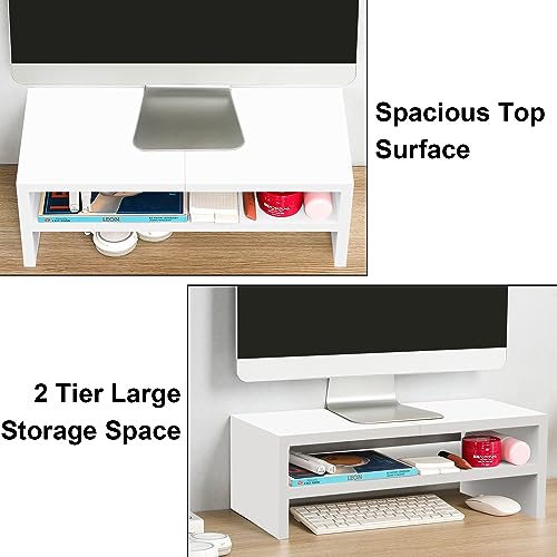 Image of TEAMIX 20 inch White Monitor Riser Stand - 2 Tiers, Wood Desktop Bookshelf | Laptop /PC /Printer /Keyboard Storage, Ergonomic Design, 15mm thick Sturdy Wood Boards, TV Stand, Home Office Desk Accessories