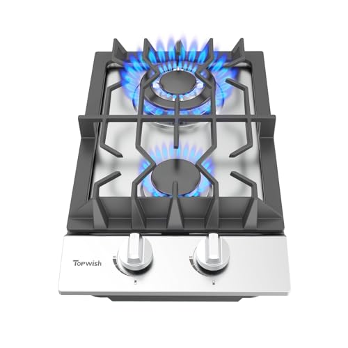 12 Inch Gas Cooktop, TOPWISH Gas Stove Top with 2 High Efficiency SABAF Burners, NG/LPG Convertible 304 Stainless Steel Built-in Propane Stovetop with Thermocouple Protection for Apartments, Rvs